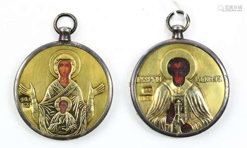 (lot of 2) Russian travelling icons, both gilt oklads marked 84, one depicting the Mother and Child,