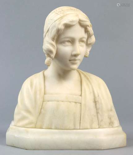 Marble classical figural bust, depicting a young woman in period attire, rising on a plinth, 10