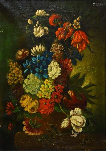 European School (19th century), Still Life with Flowers, oil on canvas, possibly signed (vertically)