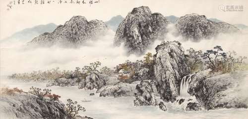 Japanese ink and colors on paper, depicting landscape and river, with a figure on a boat, upper