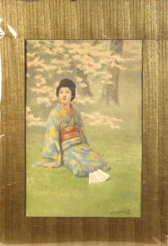 J.S. Yamamoto (Japanese, early 20th century), watercolor, depicting a young woman in kimono with a