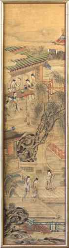 Framed Chinese painting, Beauties in a Pavilion, ink and color on paer, featuring a scene with a