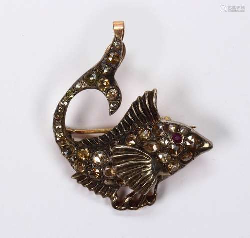 Diamond and silver-topped, 10k yellow gold fish brooch-pendant Designed as a mythical fish,