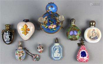 (lot of 9) Assorted porcelain and metal mounted miniature perfume bottles, consisting of a flat