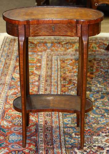 French Louis XV style occasional table, having a parquetry decorated top above the single drawer