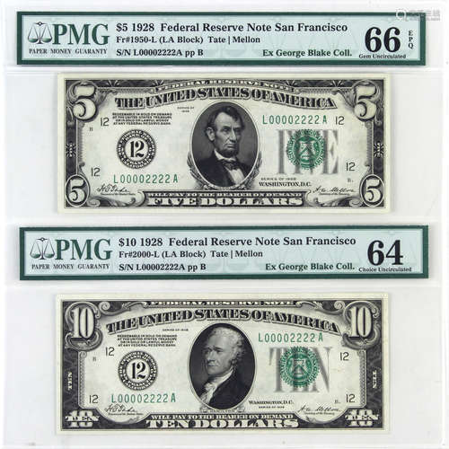 FR 1950-L and FR 2000-L San Francisco District GEM $5 and $10 1928 Green Seal Federal Reserve