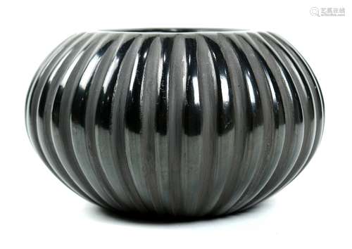 Angela Baca Santa Clara melon jar, the squat form with alternating polished body, underside signed