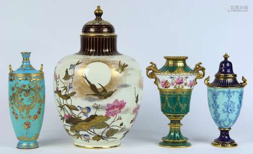 (lot of 4) Royal Crown Derby porcelain group, consisting of a large potpourri vase in the Japanese