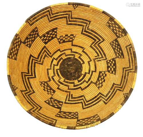 Southwest Native American Apache coiled basket, having continuous stepped geometric patterning, 15