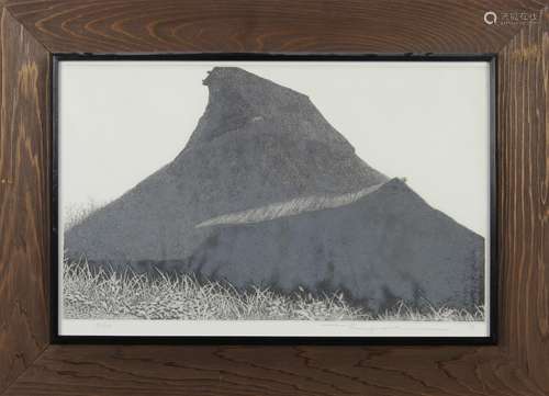 Tanaka Ryohei (Japanese, b. 1933), etching, depicting a triangular rock in the field, lower margin