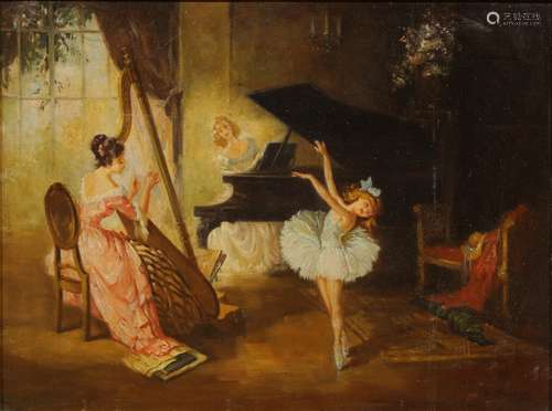 Louis Jambor (American/Hungarian, 1884-1955), Dancing Lessons, oil on board, signed lower right,