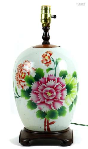 Chinese enameled porcelain jar, mounted as a lamp, featuring large pink and blush colored peonies on