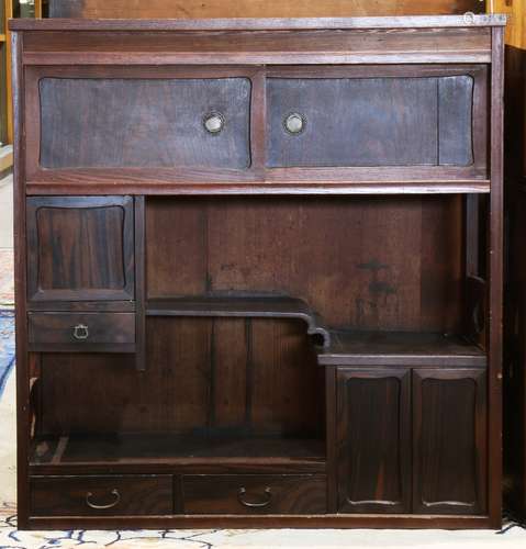 Japanese kazaridana chest: sliding door section above the display shelf, left with a hinged door and