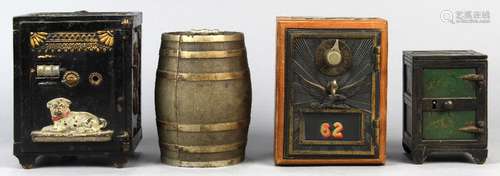 (lot of 4) Cast iron still banks, comprising (3) in the form of safes, one with a wooden case, one