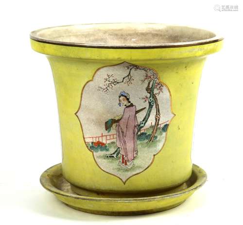 Chinese porcelain yellow ground planter, featuring two reserves with a beauty holding a qin,