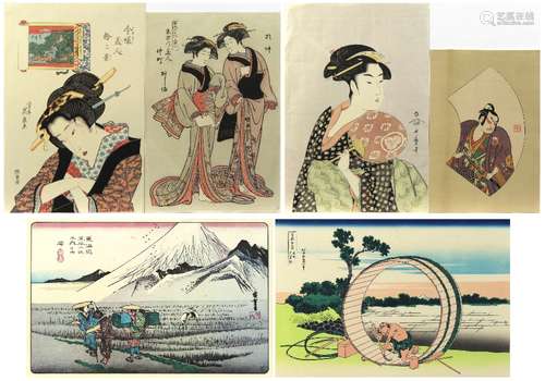 (lot of 6) Japanese woodblock prints: Kitagawa Utamaro (1753-1806) of a beauty with a uchiwa; Keisai