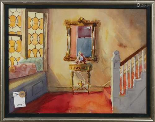 Interior Scene, watercolor, unsigned, 20th century, overall (with frame): 14.25