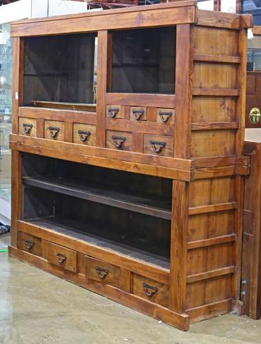 (lot of 2) Japanese mizuya tansu, upper unit with two sliding door sections (doors missing) above