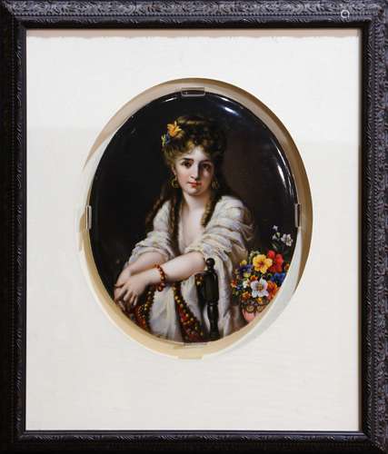 German hand painted porcelain scenic plaque, depicting a beauty gazing outward with a bouquet of