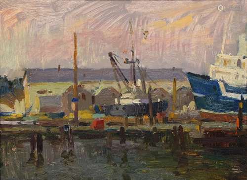 Ovanes Berberian (American, b. 1951), Docks at Twilight, oil on panel, signed lower right, panel: