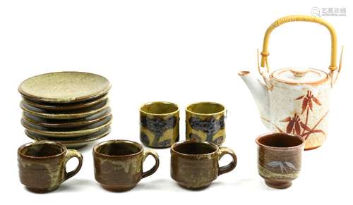 (lot of 7) Japanese Hagi teapot decorated with irises; six tea cups, three of with handles, along