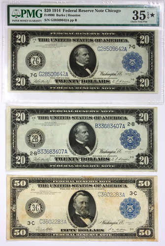 (lot of 3 notes) 20 dollar FR #990, Federal Reserve note, Chicago, PMG graded 35 EPQ star, 50 dollar