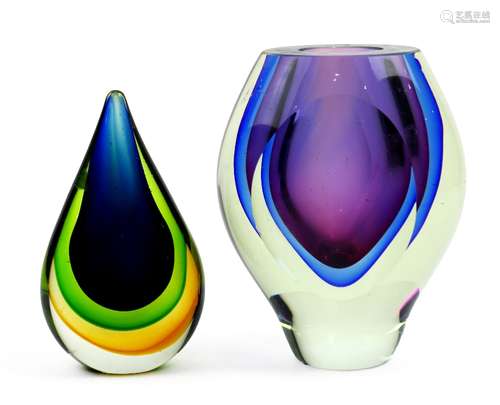 (lot of 2) Modern case glass vases, one having a tear drop form in clear, orange green and blue,