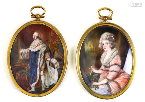 (lot of 2) French hand painted miniature portraits, second half 19th century, one depicting a