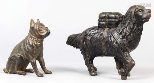 (lot of 2) Cast iron dog penny/still banks, consisting of one depicting a working dog with a