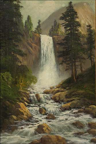 American School (20th century), Vernal Fall, Yosemite with Half Dome in the Distance, oil on canvas,