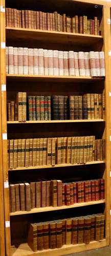 Six shelves of mostly leather bound books, relating to literature and history, including The Works