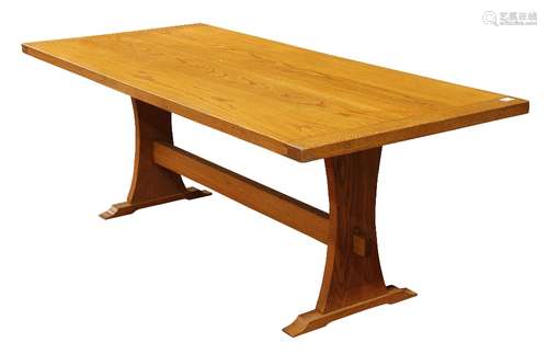 Quaker trestle table, executed in oak and custom made for a family retreat at Lake Wallenpaupack