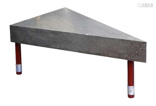 Industrial Age occasional table, having a triangular chrome top, above tubular legs in red and