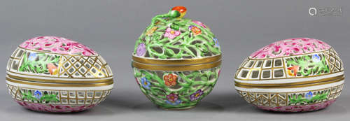 (lot of 3) Herend porcelain egg box group, each with a pierced body, accented with floral swags