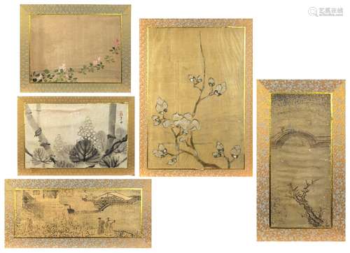 (lot of 5) Japanese ink and colors on silk, matted fragments from 18th-19th century byobu screen,