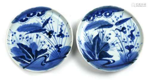 (lot of 2) Japanese blue-and-white plates, depicting plants on crackled ground, approx. 7.5