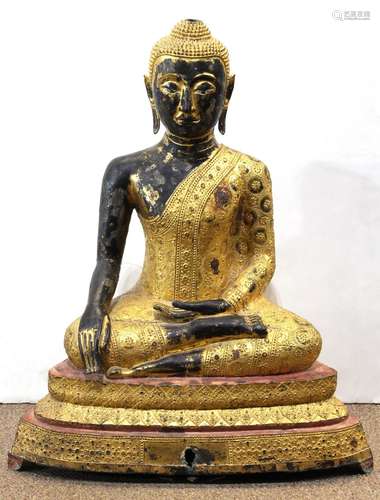 Thai gilt bronze Buddha, draped in monastic robe with floral roundels, in bhumisparsha and dhyana