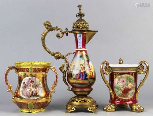 (lot of 3) Associated Royal Vienna porcelain table articles, consisting of a ewer and two vases,