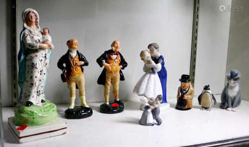 (lot of 8) Porcelain figural group, consisting of figures in period attire and animals, makers