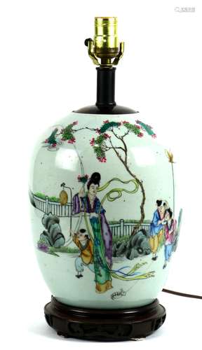 Chinese enameled porcelain jar, mounted as a lamp, featuring children playing in a garden