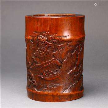 Chinese bamboo brush pot, carved with figures on a boat in a river, backed by tall rocky cliffs, 7