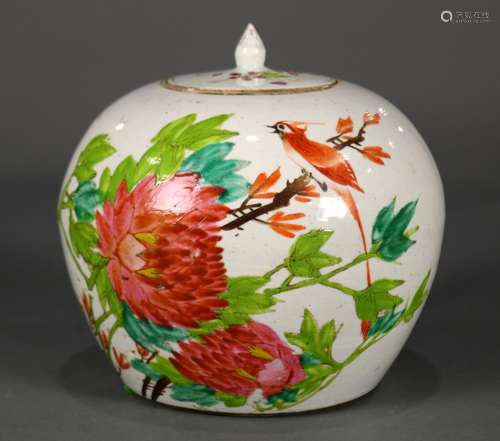 Chinese enameled porcelain lidded jar, of globular form decorated with bird amid peonies, back