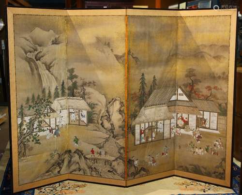 Japanese four-panel byobu screen, 19th century, gilt, ink and color on paper, depicting landscape