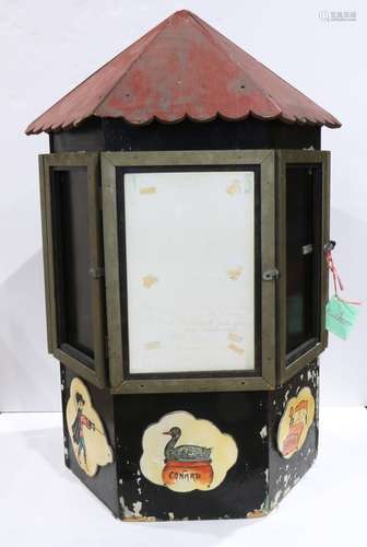 French cafe menu stand, circa 1910, having a hexagonal red painted roof, above the body, with