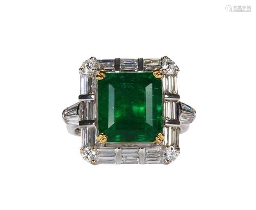 Emerald, diamond and 18k white gold ring Featuring (1) emerald-cut emerald, weighing 7.43 cts.,