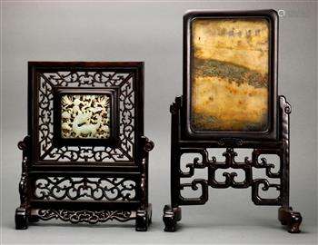 (lot of 2) Chinese table screens: the first set with a reticulated hardstone plaque pierced with a