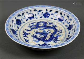 Chinese underglaze blue porcelain platter, featuring a meandering dragon in the well, the wall