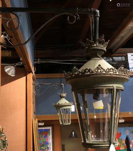 Pair of Paris, France street lanterns, circa 1880-1890, each having a black painted iron support,