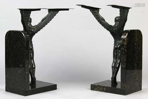 Pair of German Art Deco figural bronze bookends on marble bases, each depicting an athletic winged