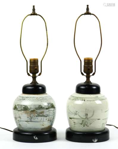 Pair of Asian underglazed blue porcelain jars, mounted as lamps, overall: 19.5